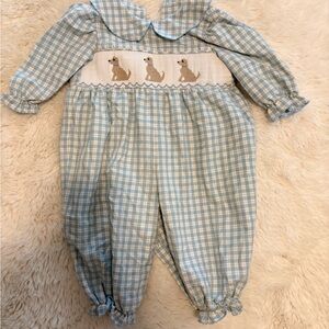 Classic Smocked Puppy One-Piece Romper - Light Blue Gingham